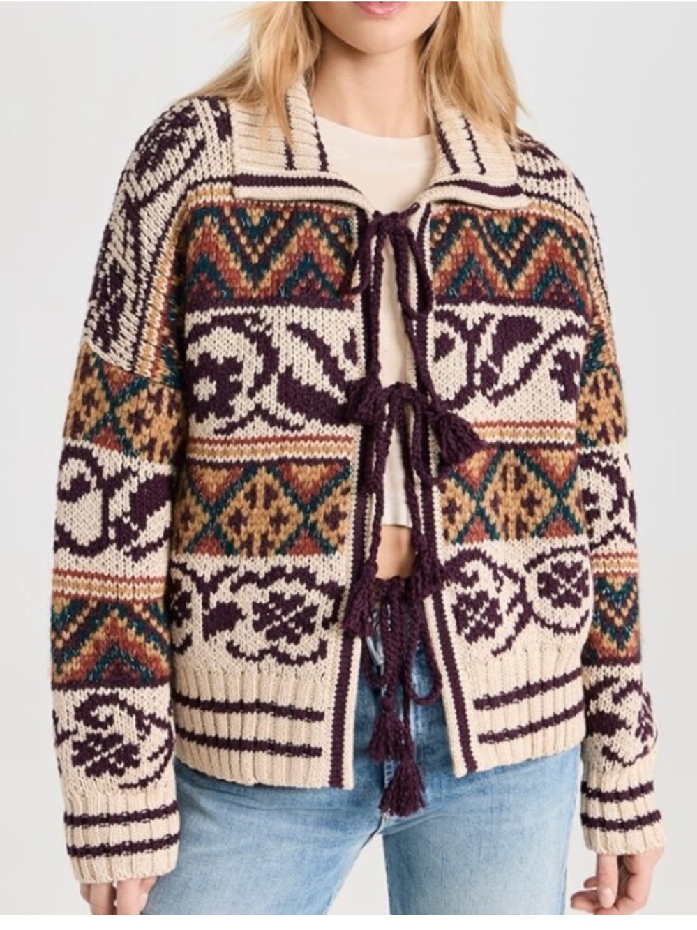 Mother the family ties geo jacquard boho open cardigan sz xs alpaca cotton